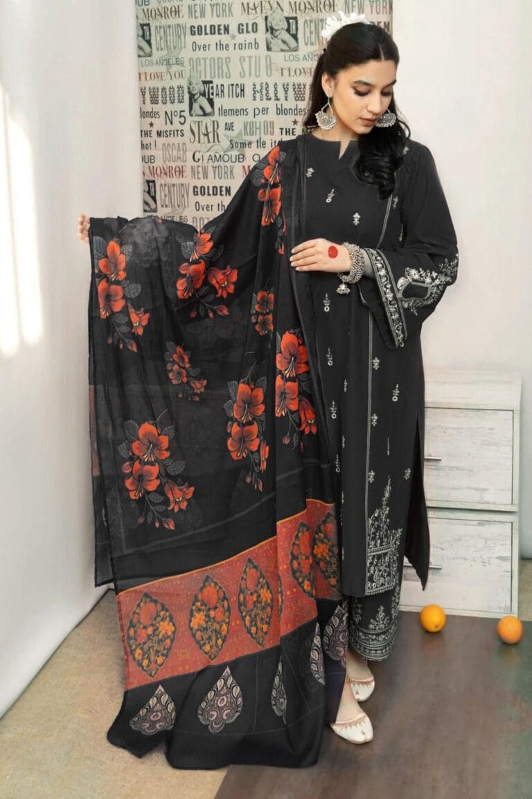KHAADI 3-PIECE LAWN EMBROIDERED DRESS WITH PRINTED VOIL DUPATTA & EMBROIDERED TROUSER