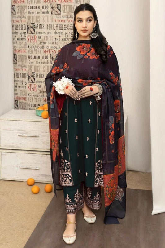 KHAADI 3-PIECE LAWN EMBROIDERED DRESS WITH PRINTED VOIL DUPATTA & EMBROIDERED TROUSER